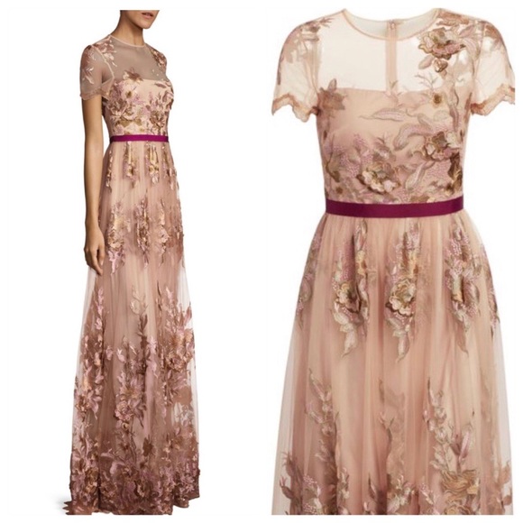 Monique Lhuillier Dresses & Skirts - Monique Lhuillier Illusion Floral Gown